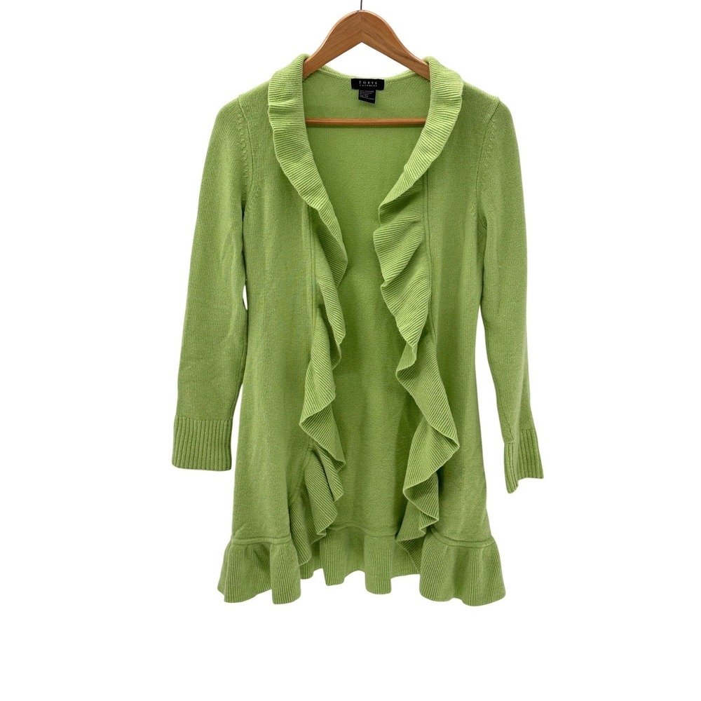 Forte Sweater Cardigan 100% Cashmere Ruffle Long Women XS Like Green Oversized